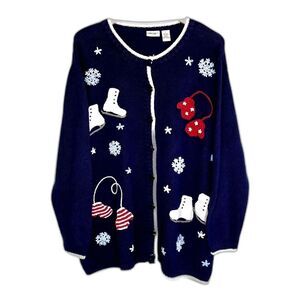 VTG Women's Cottage Cardigan Sweater Skates Snowflakes Blue Sz X/1X